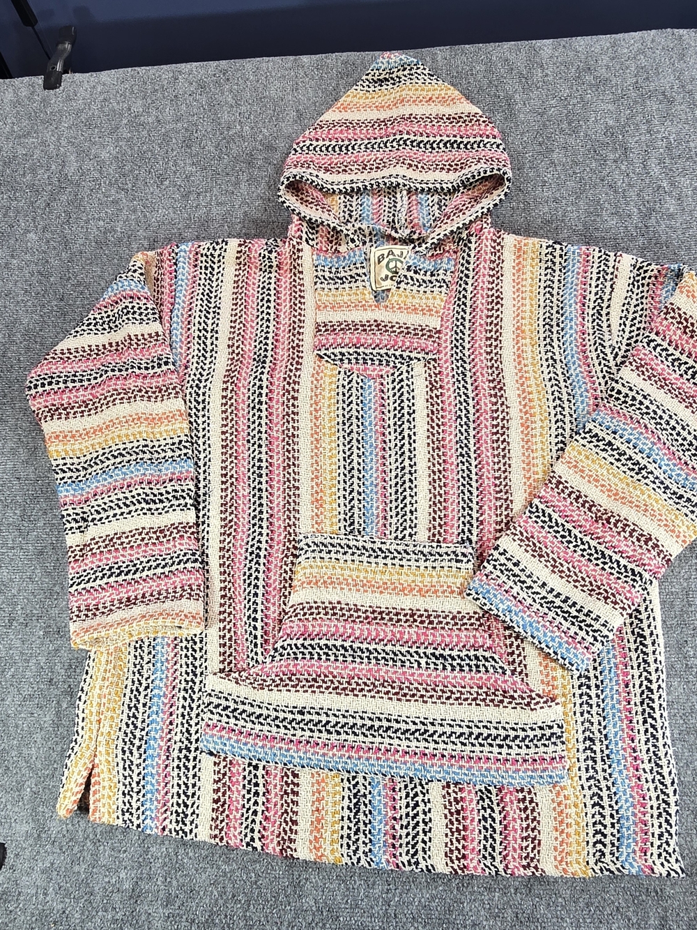Baja Joe Drug Rug Hoodie Mens 2XL Multicolor Striped Woven Festival Baja Jacket